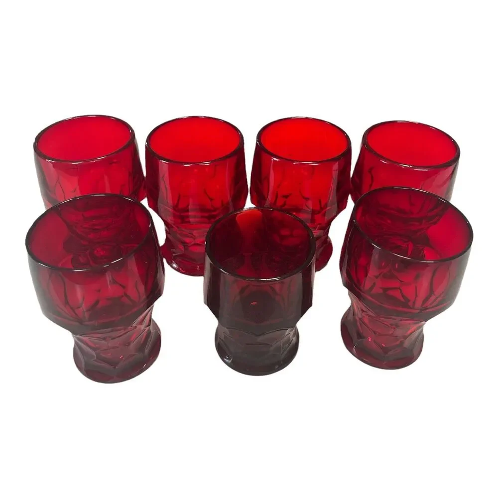 Vintage Red Ruby GEORGIAN Tumblers GLASS Glasses HONEYCOMB Thumbprint MCM